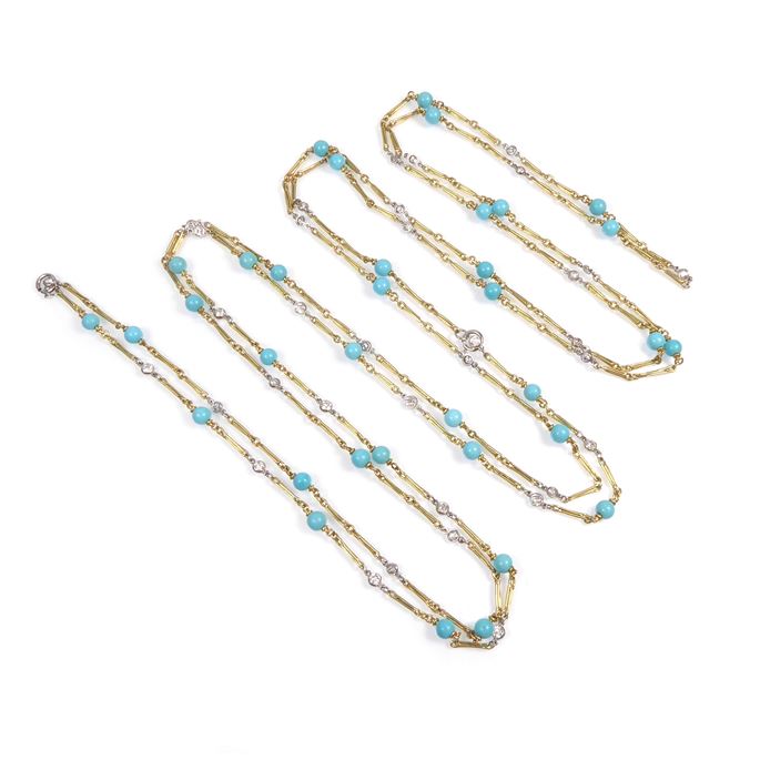18ct yellow gold, turquoise bead and spectacle set diamond long chain necklace | MasterArt